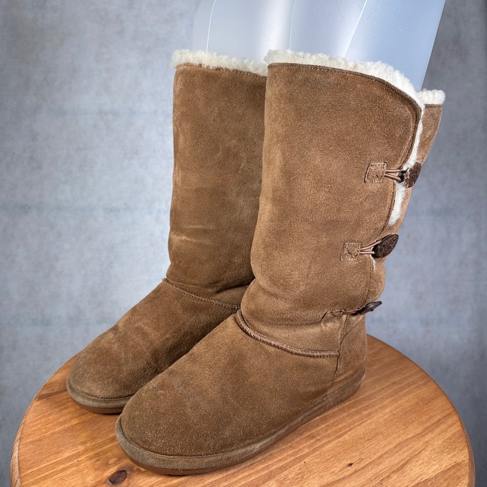 Bearpaw Abigail Boots Women Size 8 Brown Good Suede Toggle Winter Tall